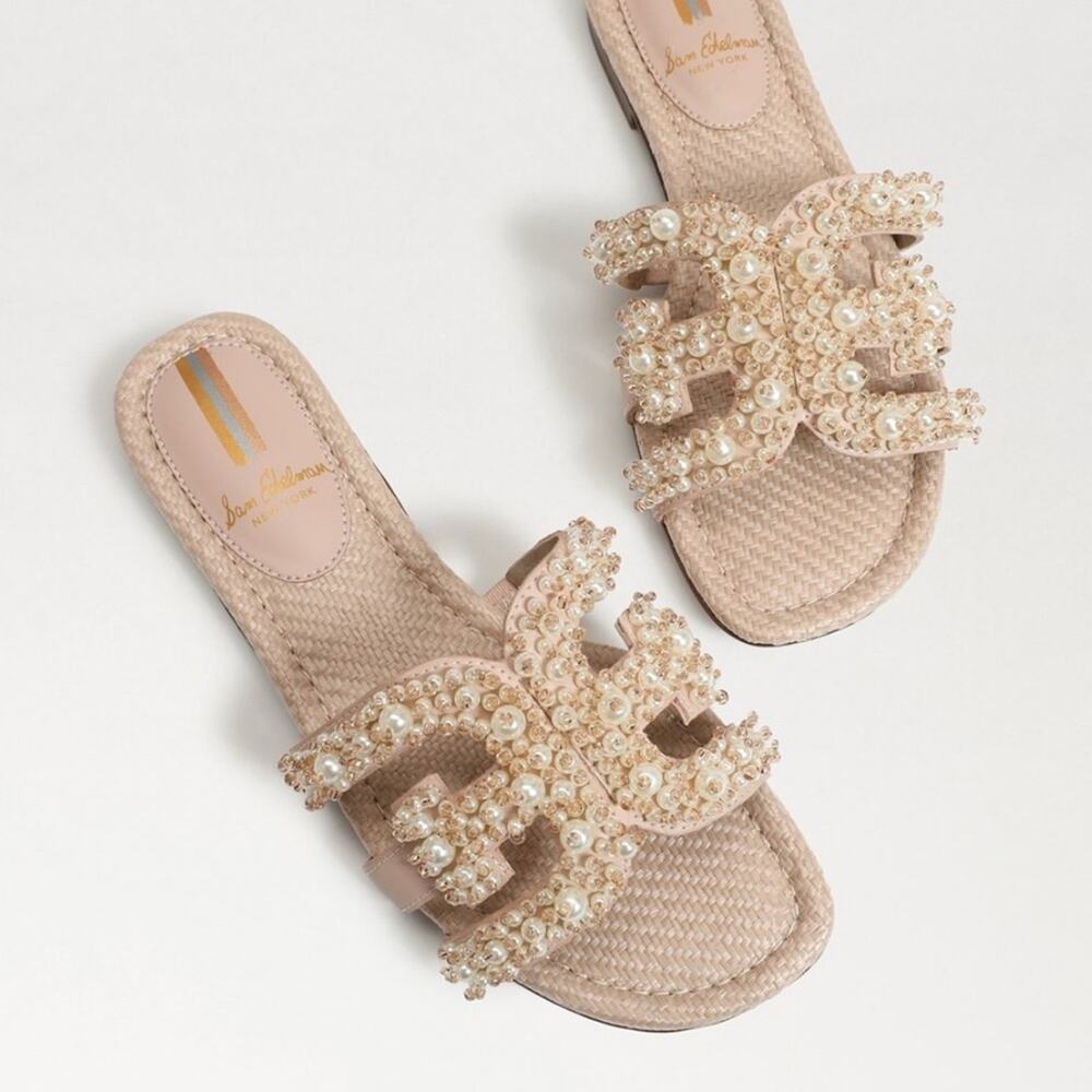 Sam Edelman Pearl & Sequin Embellished Nude Slide Sandals